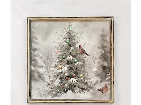 LED Framed Wall Art - Snowy Tree With Birds 20x20"