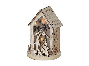 LED Wood House With Nativity Scene