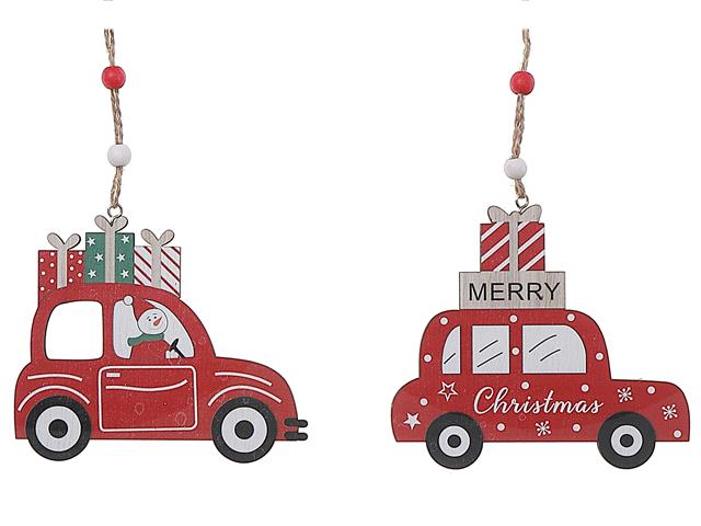 Wooden Red Car Ornament Set of 2