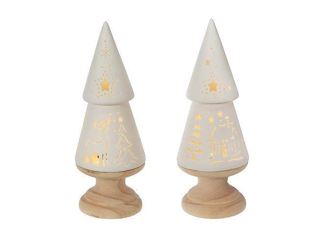 LED Ceramic Tree With Wood Base Set of 2