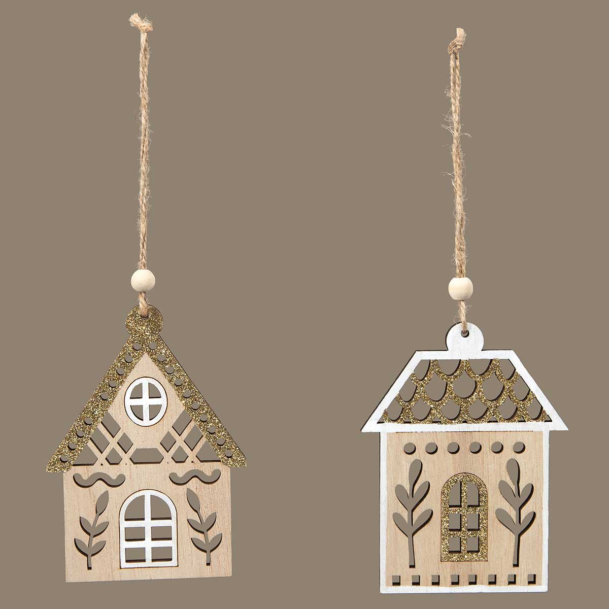 Set of 6 Wood Cut-Out Cottage Ornaments 4.25"