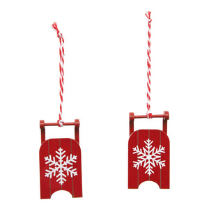 Set of 2 Red Wood Sled with Snowflake Ornament 3"