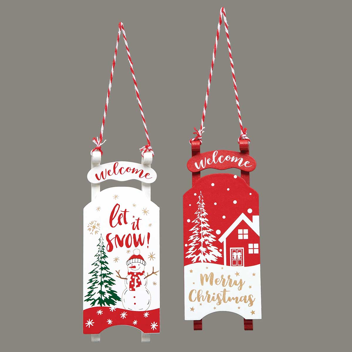 Set of 2 Wood Holiday Sled Ornaments 6"