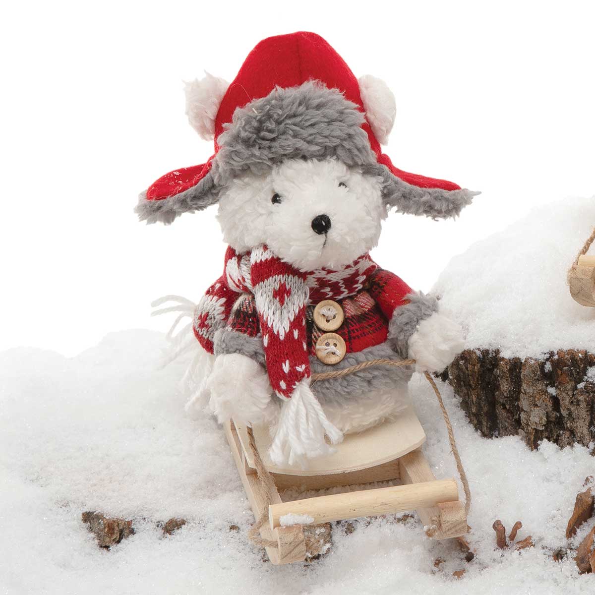 Plush Winter Bear on Wood Sled 6.5"