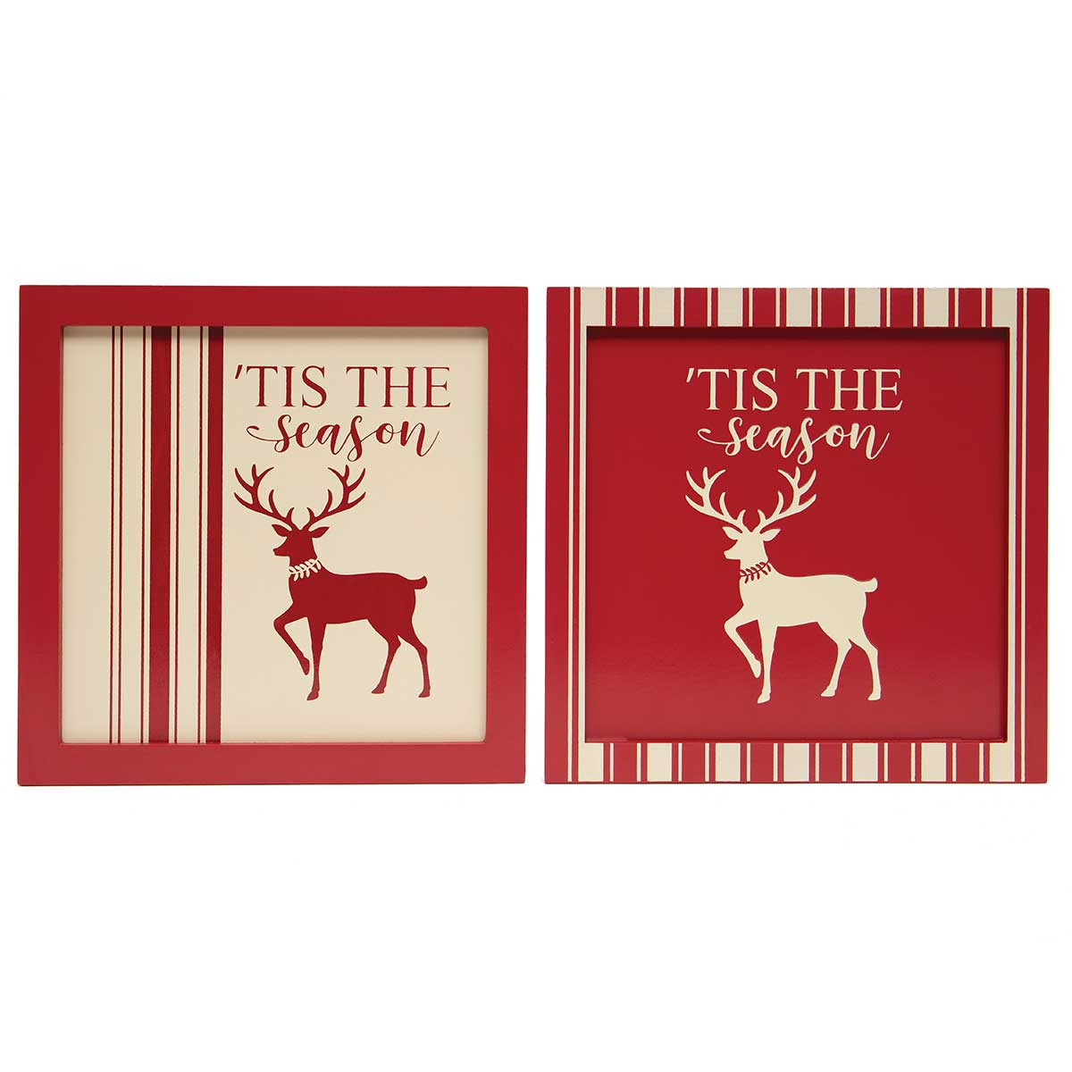 Set of 2 Tis the Season Reindeer Red and White Wood Sign 10"