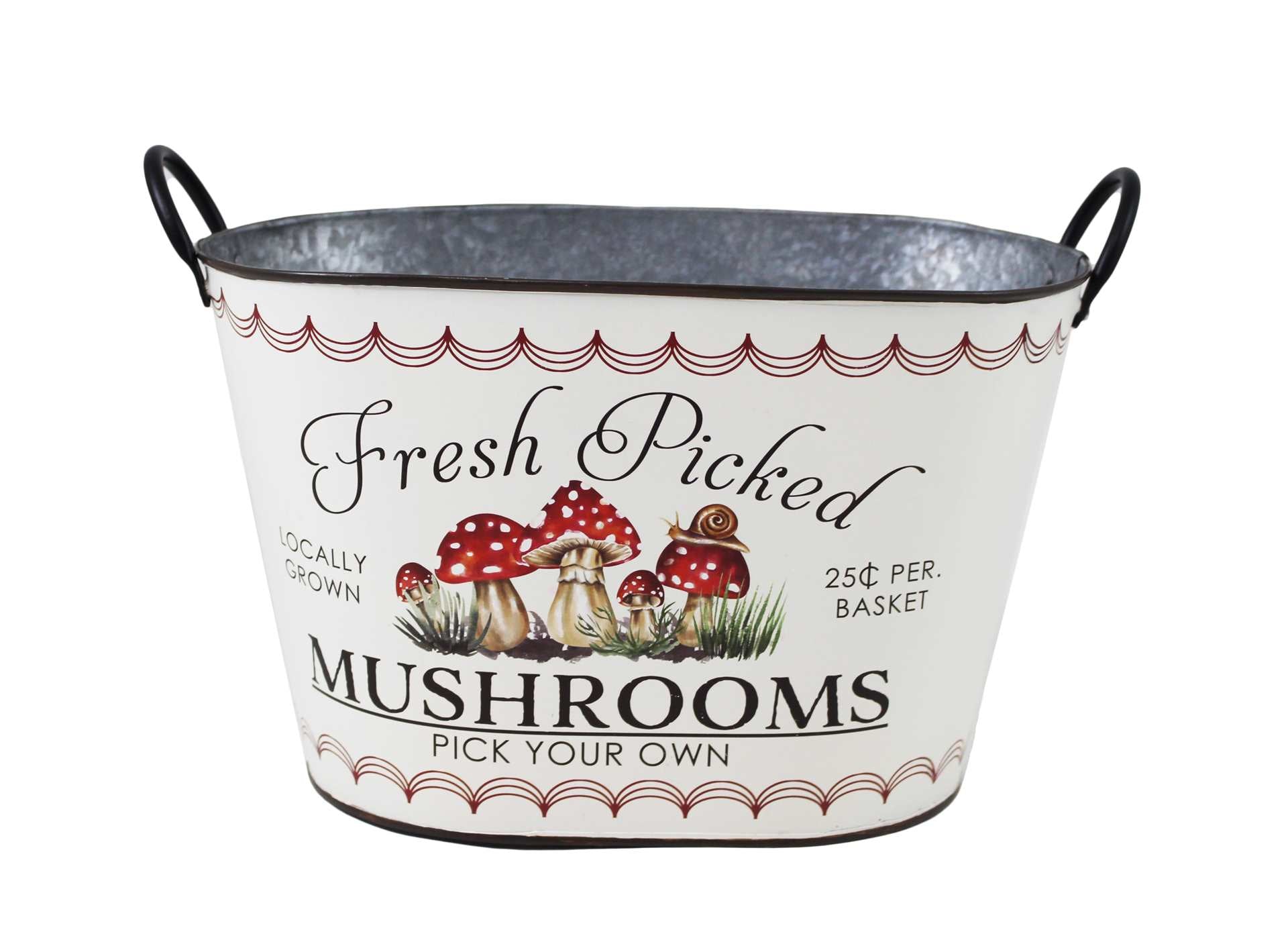 White Metal Basket With Mushrooms