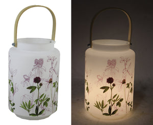 Frosted Glass Floral Cylinder Lamp With Bamboo Handle