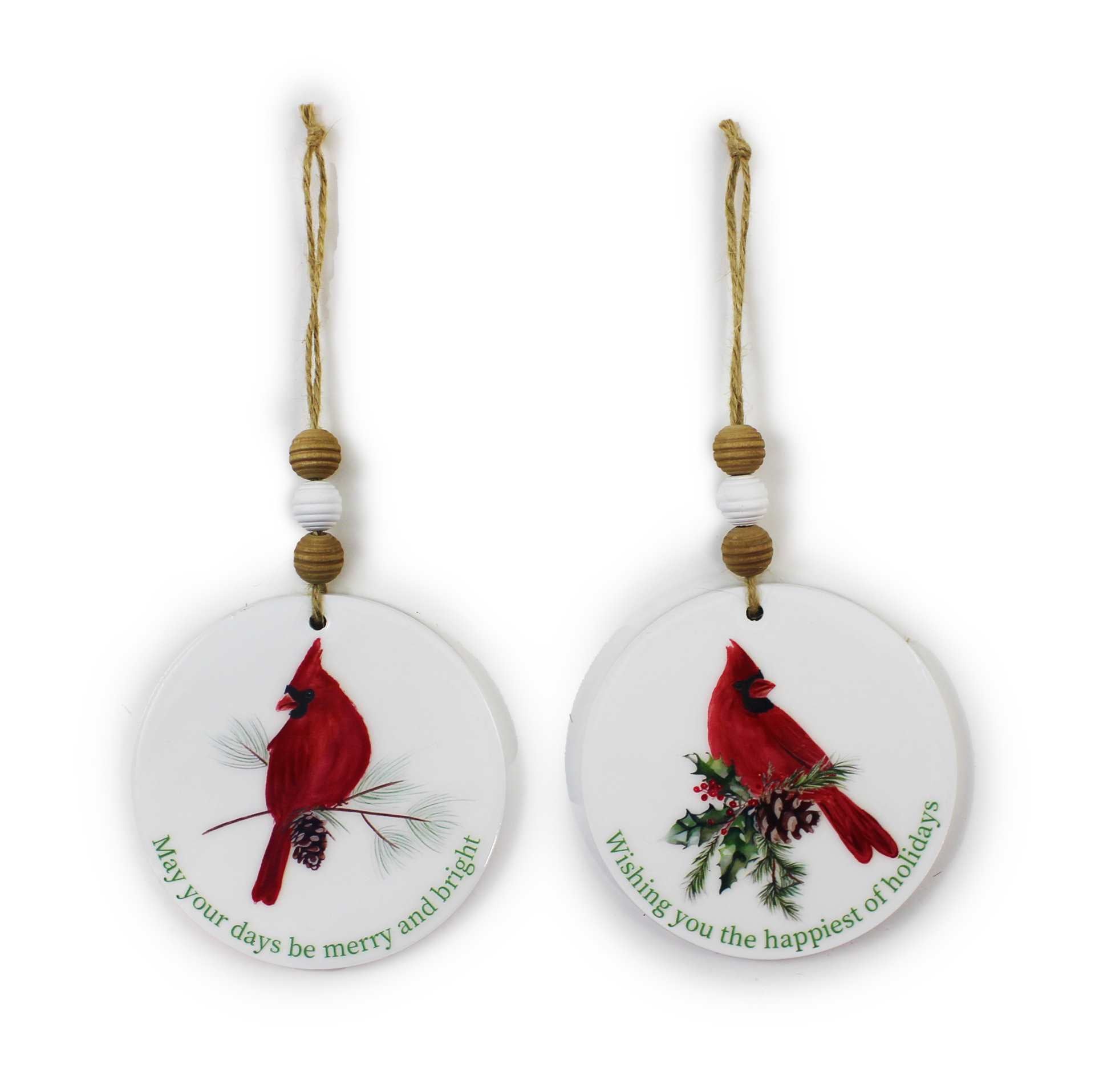 Set of 2 Cardinal Ornaments With Beads