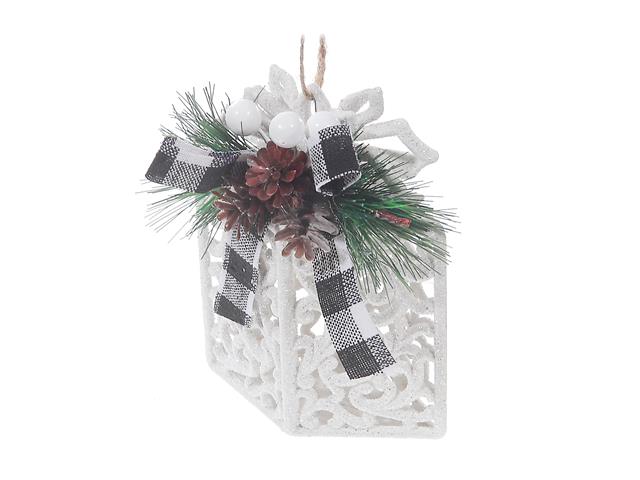 White Glitter Buffalo Plaid Ornament (Present)