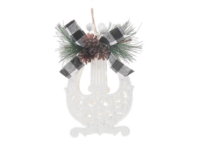 White Glitter Buffalo Plaid Ornament (Harp)