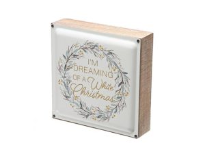 White Christmas Wood and Metal Square Block