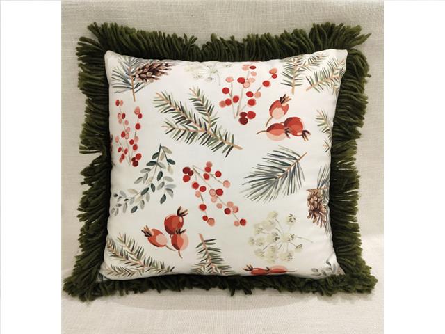 Berries & Pine Print Cushion with Fringe 16x16"