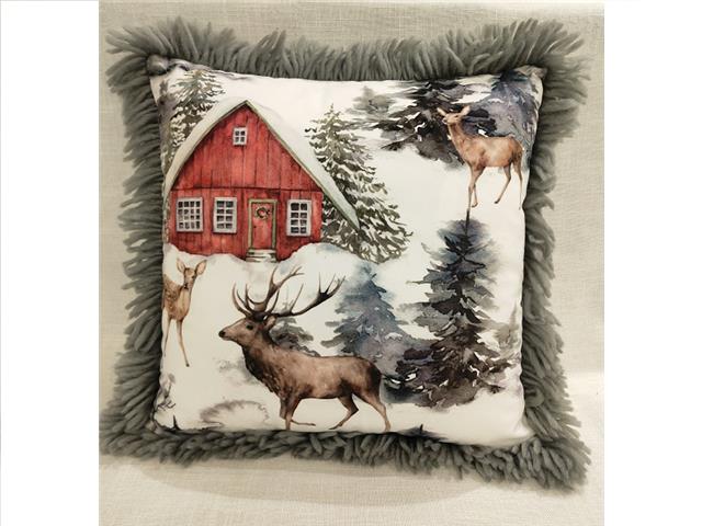 Deer in Woods Print Cushion with Fringe 16x16"