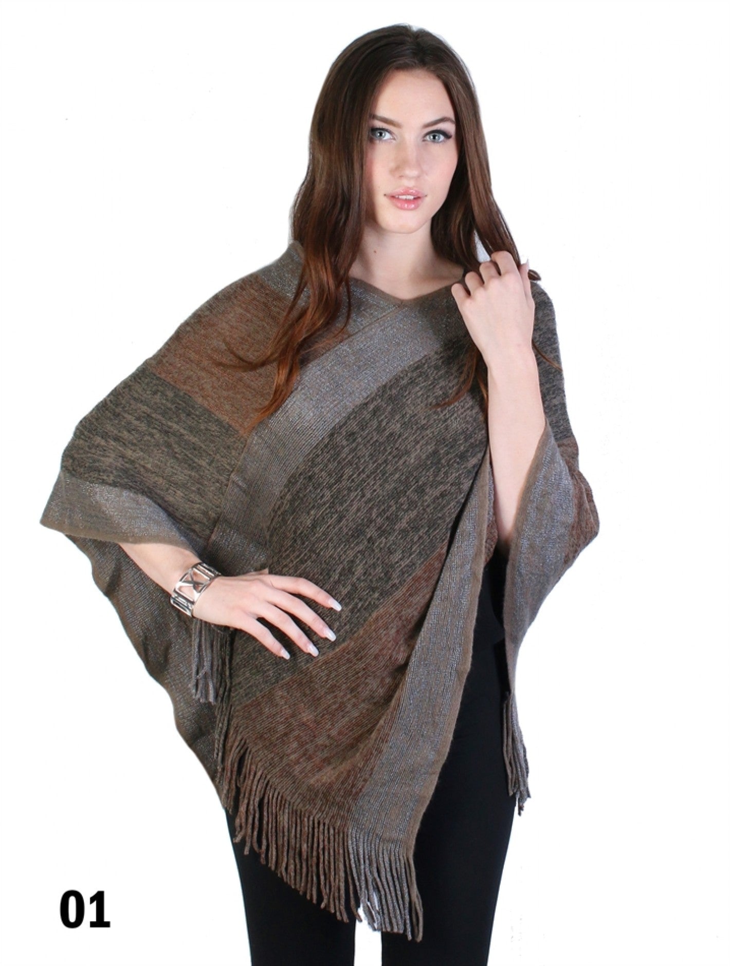 Striped Poncho with Fringe (Grey & Brown)