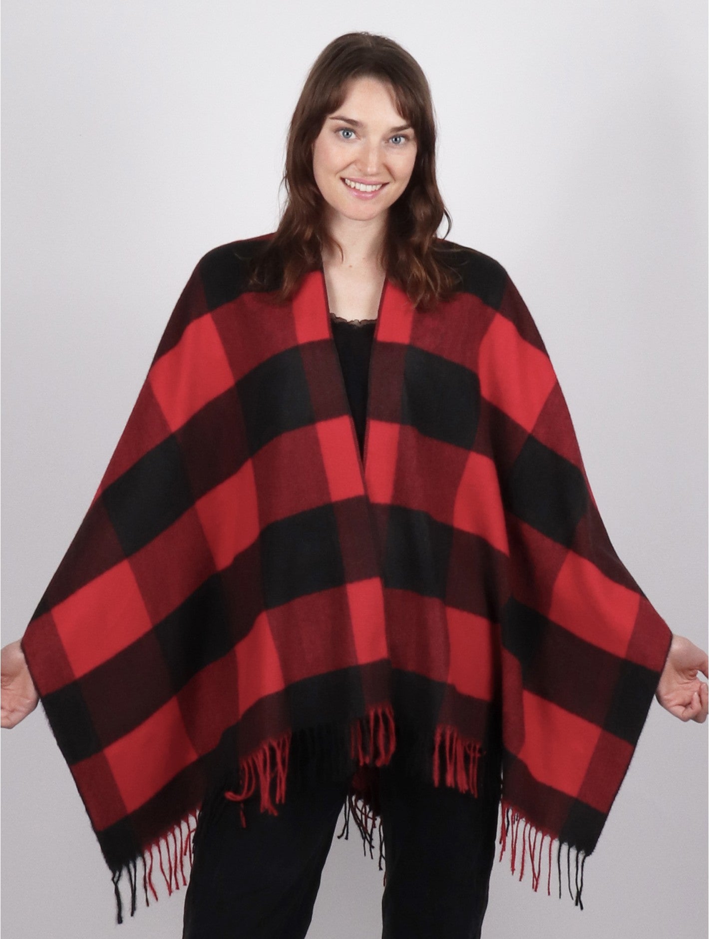 Black and Red Plaid Check Cape with Fringe