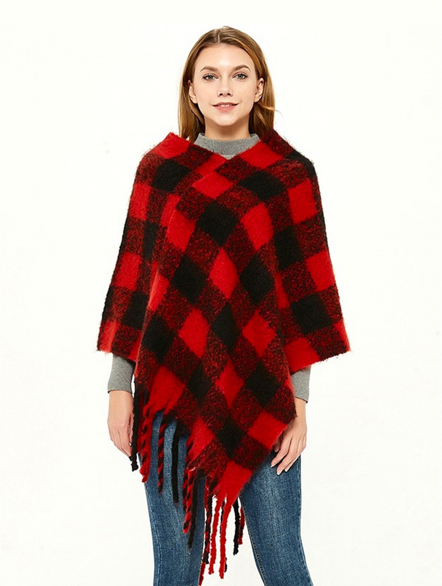 Black and Red Plaid Check Poncho with Fringe