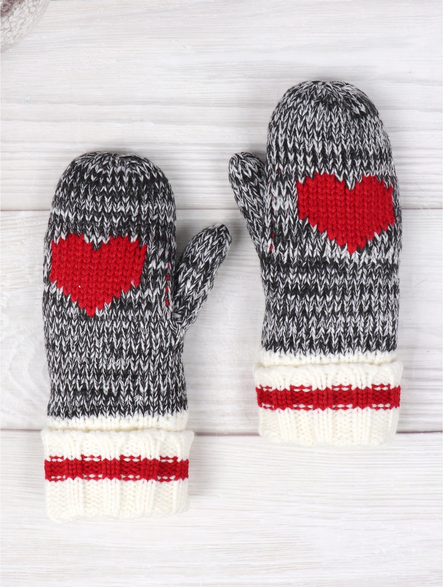 Canadiana Double Layered Mittens with Heart (Grey)