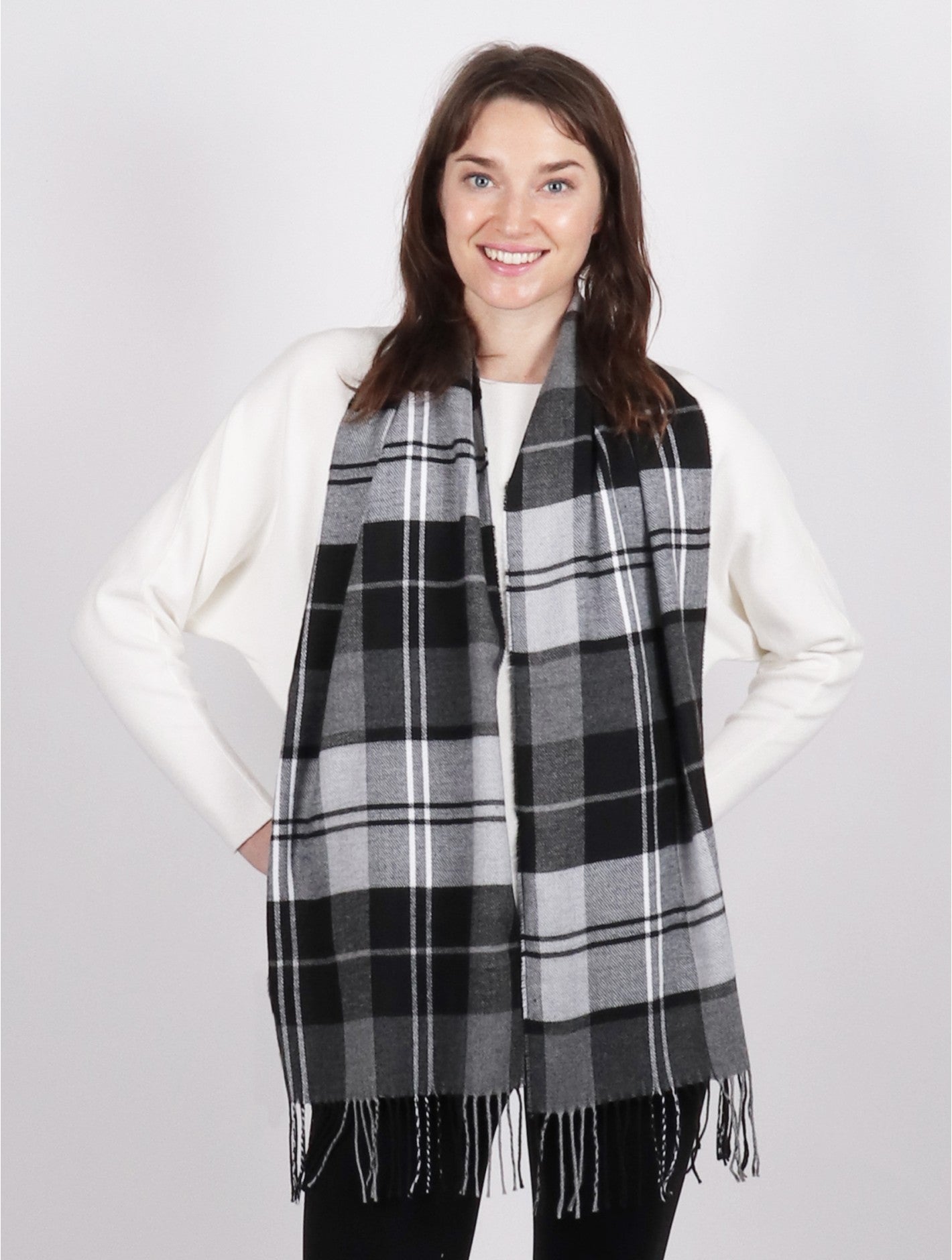Black and White Plaid Scarf with Fringe