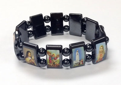 Hematite Stretch Bracelet with Saint Images