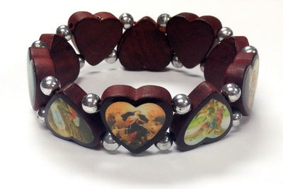 Wood Heart Stretch Bracelet with Saint Images