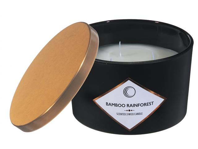3 Wick Black Candle with Golden Lid - Bamboo Rainforest
