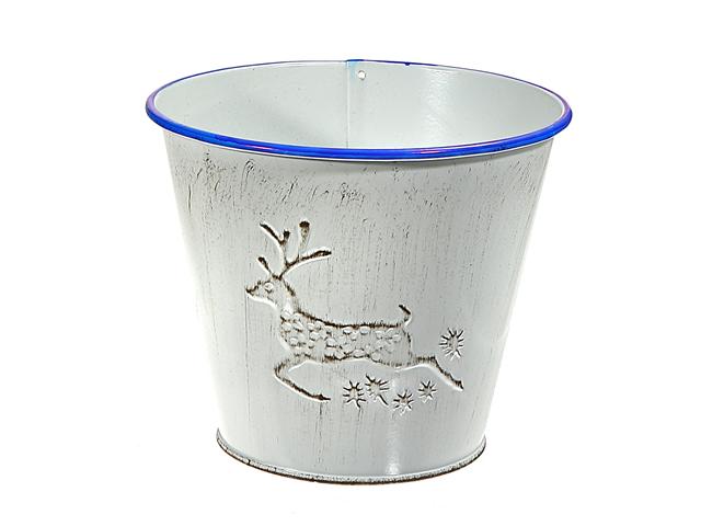 White Metal Round Planter With Embossed Reindeer