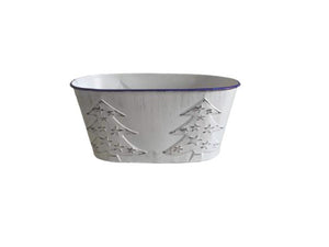White Metal Oval Planter With Embossed Trees