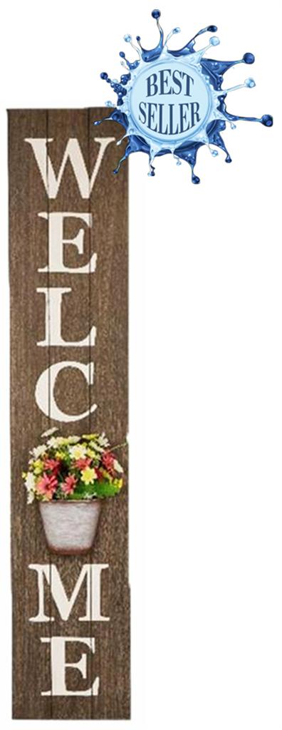 Wood Welcome Sign with Metal Pot