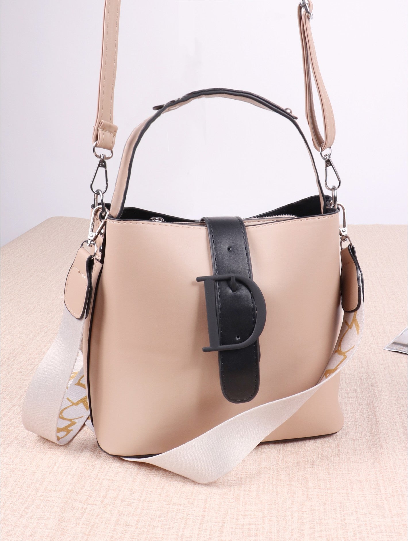 Beige Faux Leather Satchel with Long Strap
