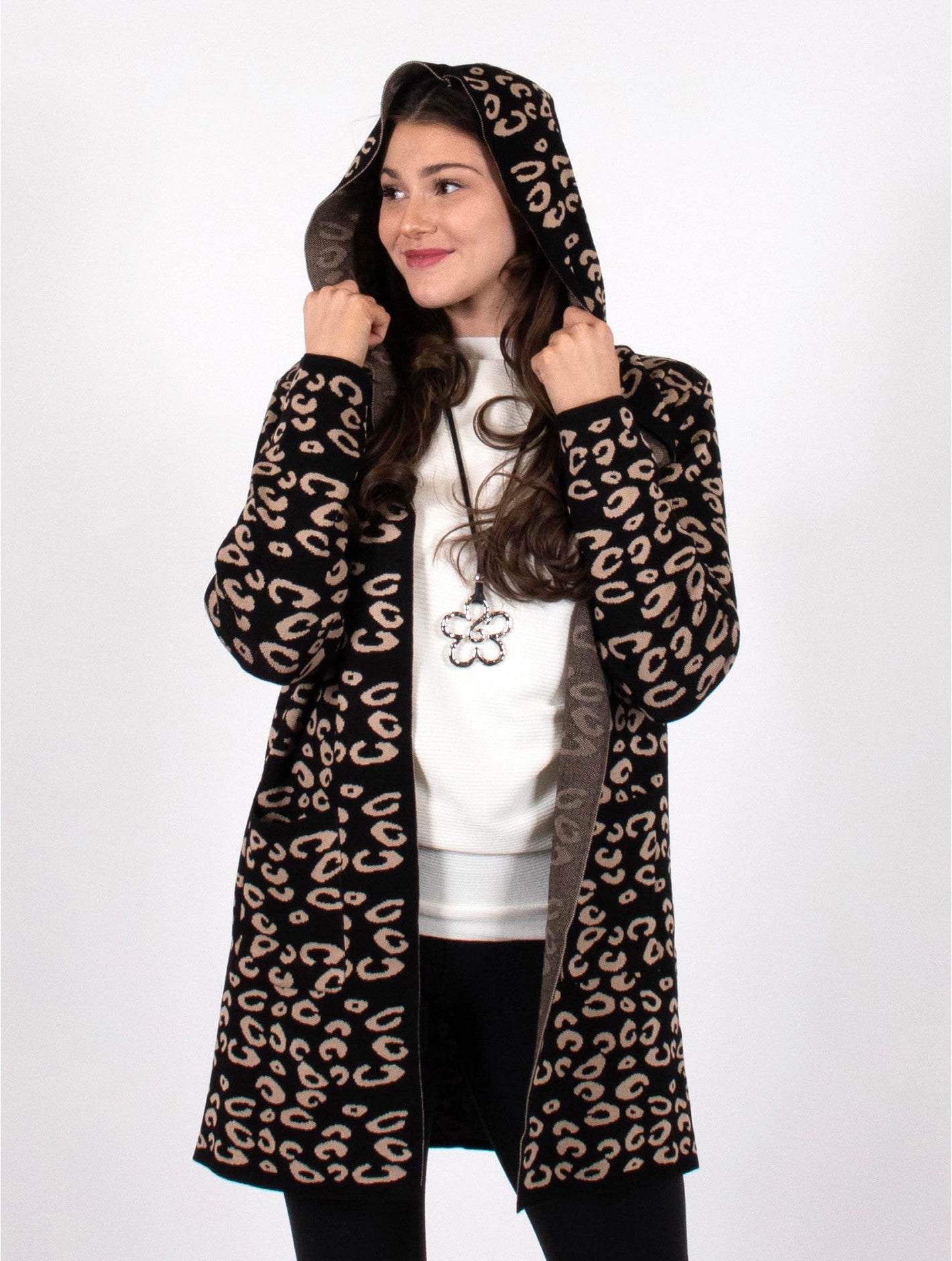Black Leopard Print Cardigan with Hood (2 Sizes Available)