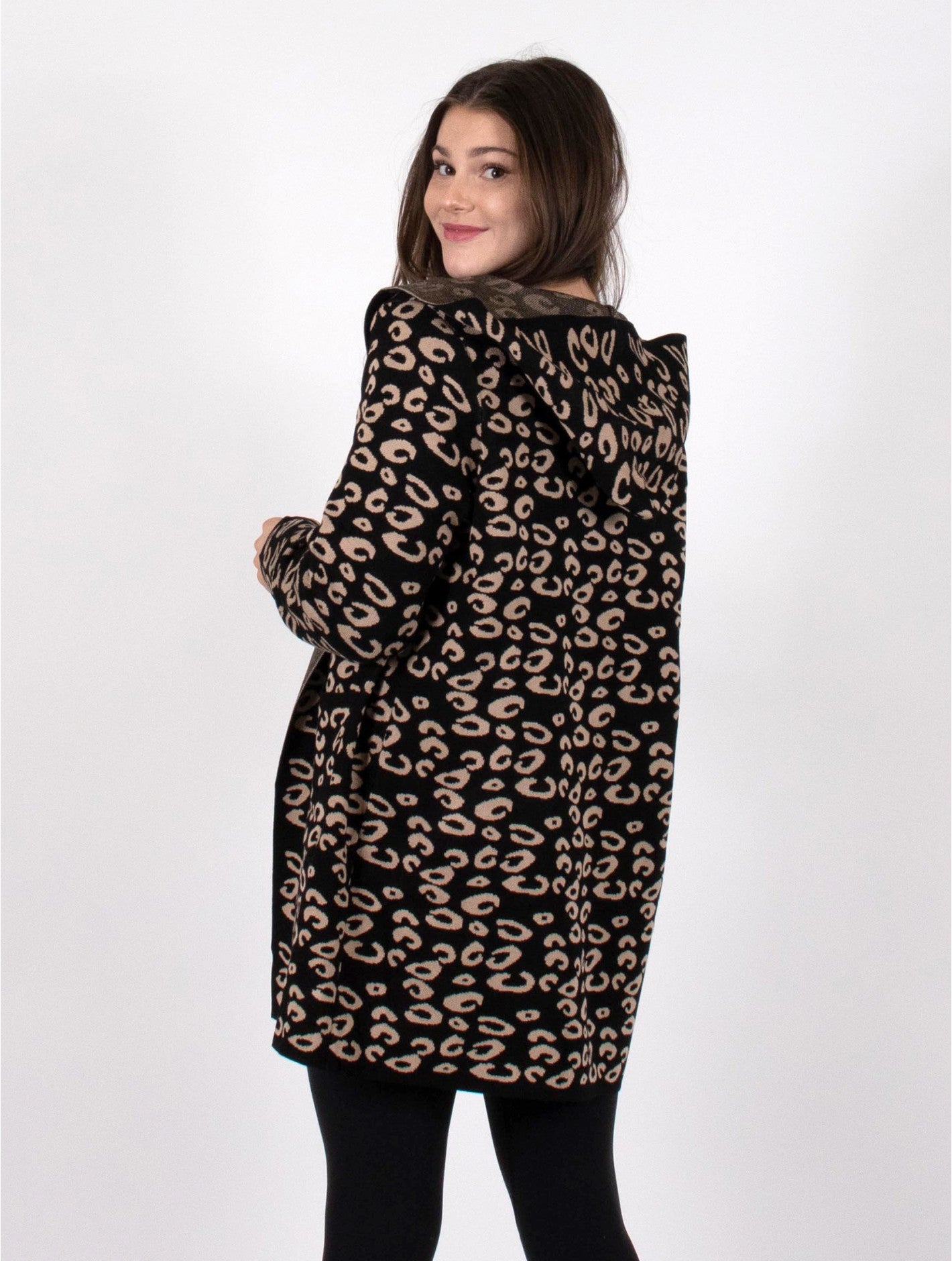 Black Leopard Print Cardigan with Hood (2 Sizes Available)