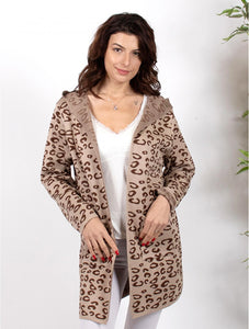 Camel Leopard Print Cardigan with Hood (2 Sizes Available)