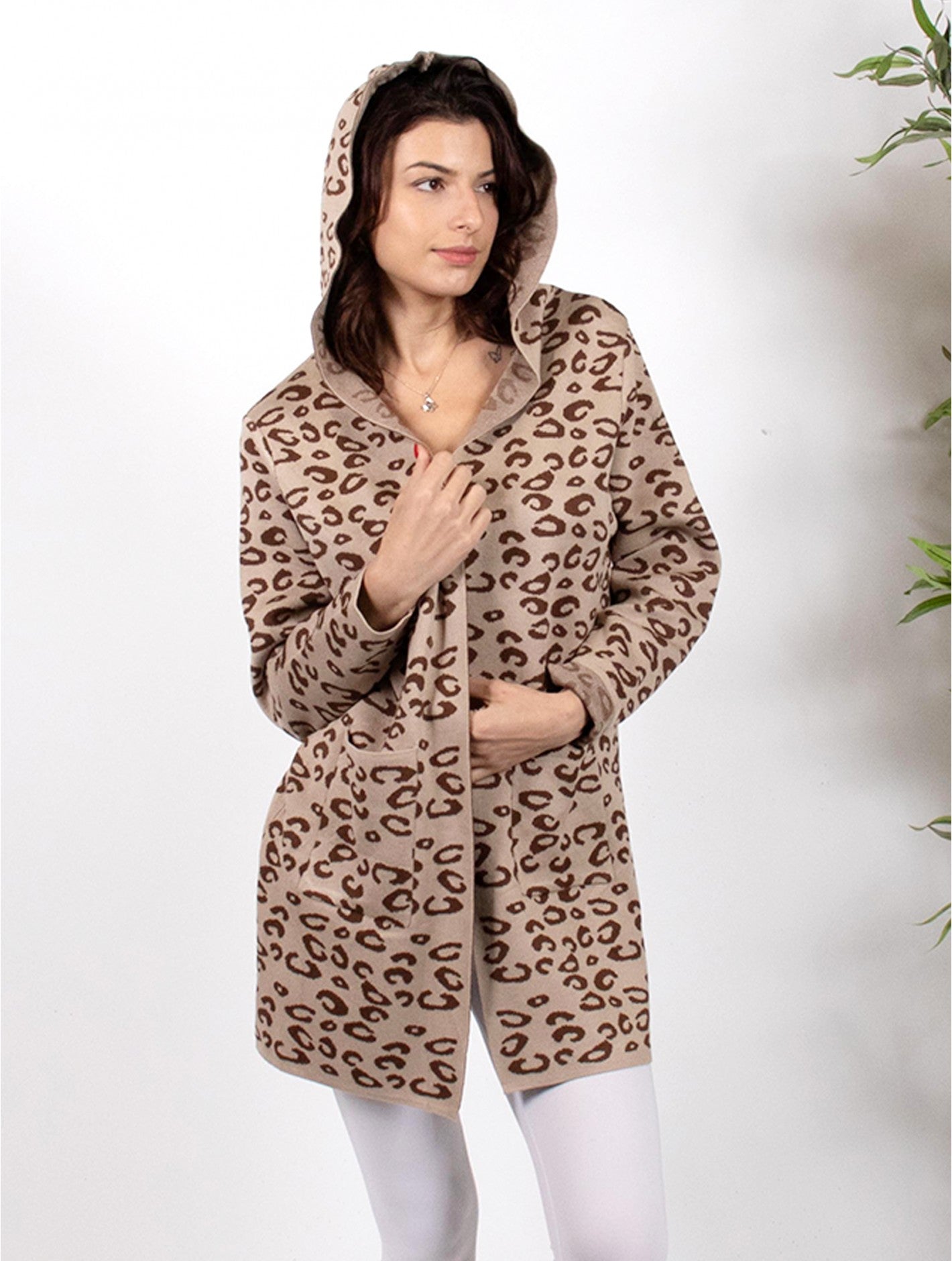 Camel Leopard Print Cardigan with Hood (2 Sizes Available)