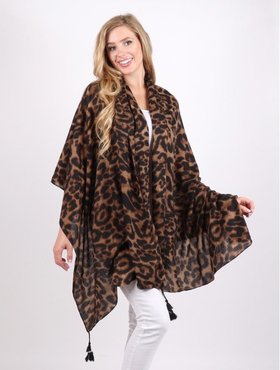 Camel Leopard Print Scarf with Tassels